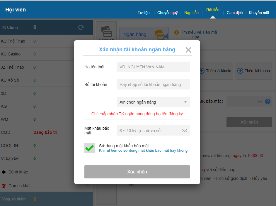 Thêm thẻ ngân hàng khi thực hiện rút tiền Kubet